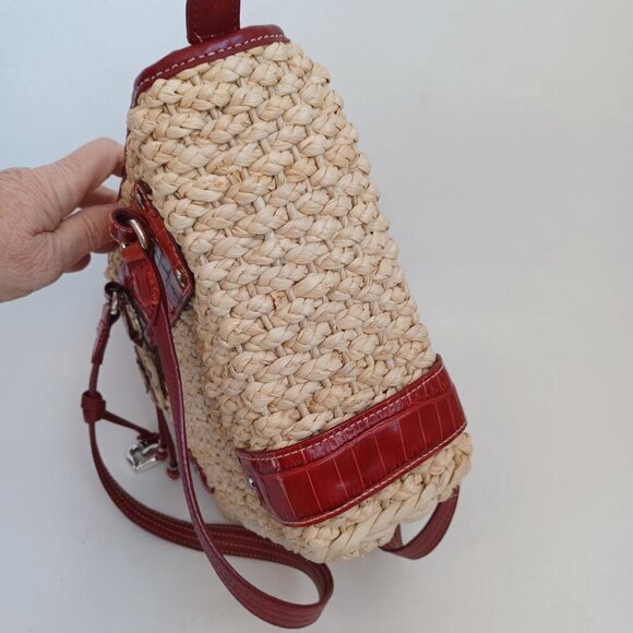 Brighton Bag Woven Natural Straw Red Croc Embossed Leather Floral Charm Dust Bag - Picture 11 of 14
